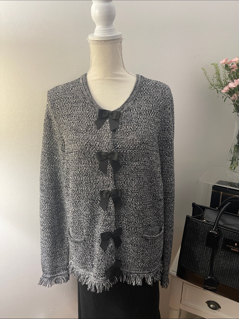 Lilly Pulitzer Gray Knit Cardigan with Black Bow Accents